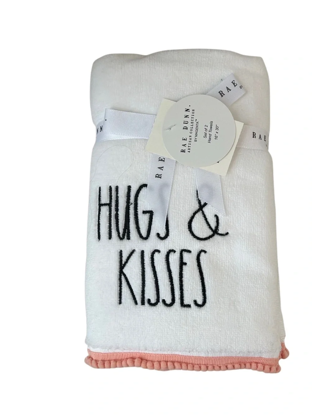 Rae Dunn Hugs & Kisses White Plush Throw Blanket Pink Pom Pom Trim NWT